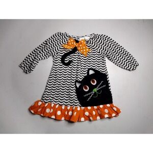 Rare Editions Girls Halloween Black Cat Dress Orange Polka Dot Scallop 2T